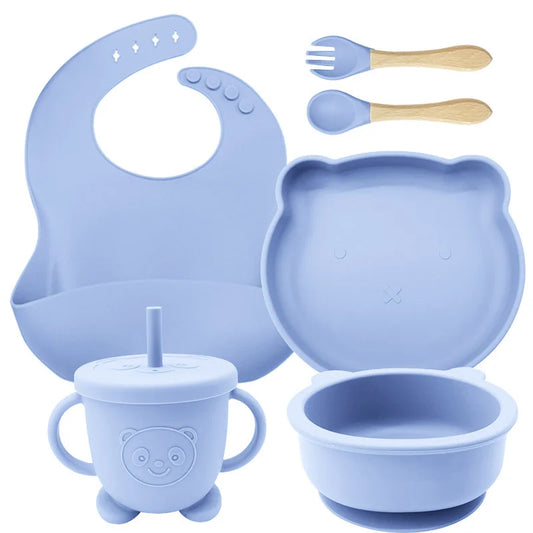 Sky Blue 8-piece Silicone Baby Feeding Set | Prefect for Baby Feeding