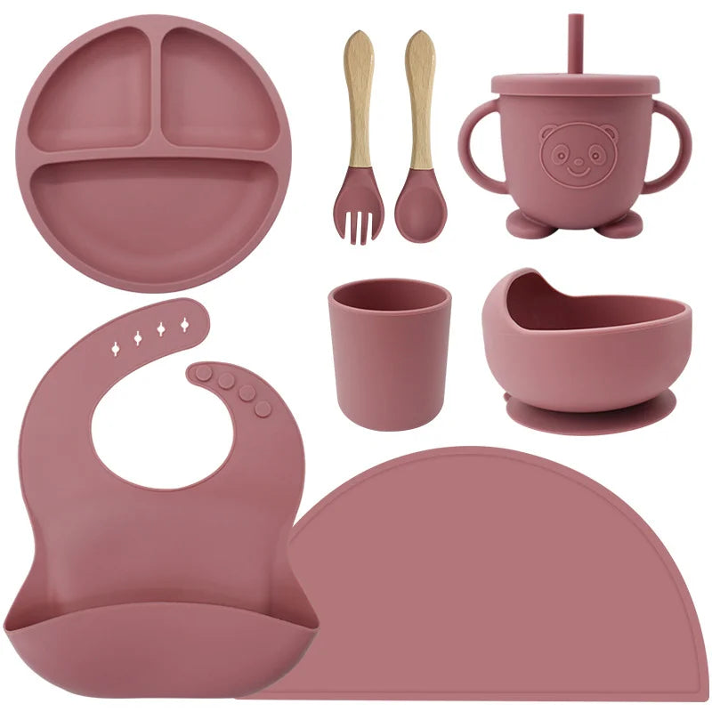 Rose Pink 8-Piece Silicone Baby Feeding Set