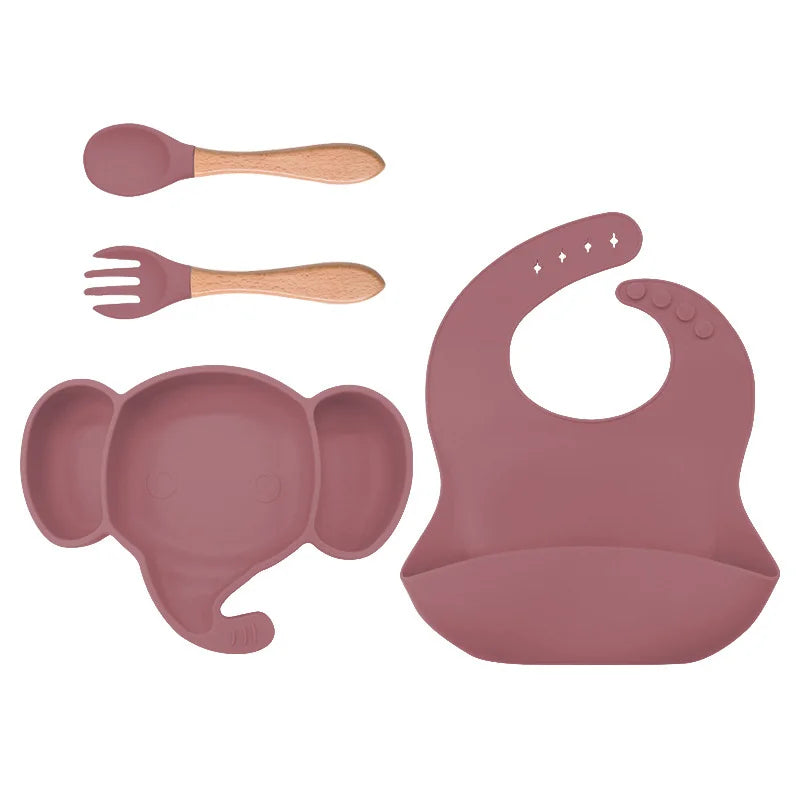 4 Pieces Dark pink Silicone Baby Feeding Set