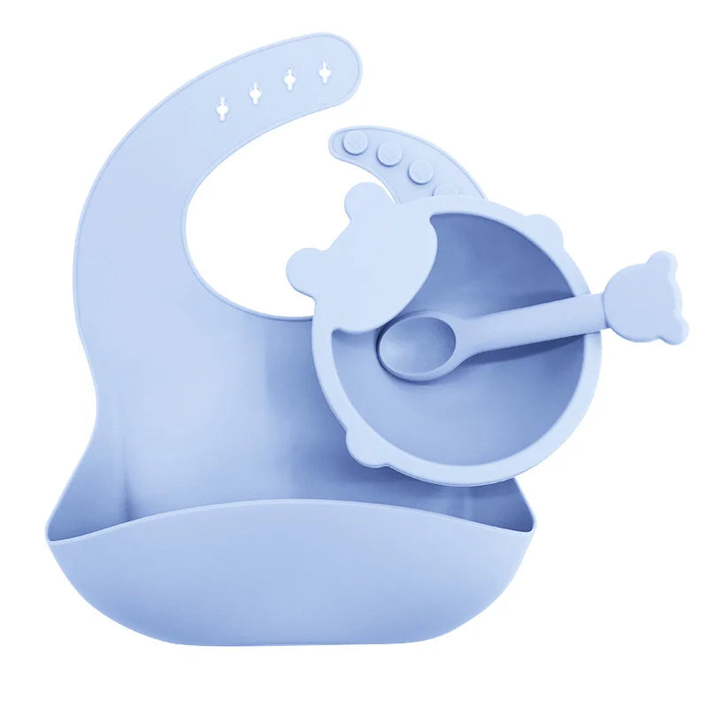 Sky Blue 3-piece silicone bib and bowl set