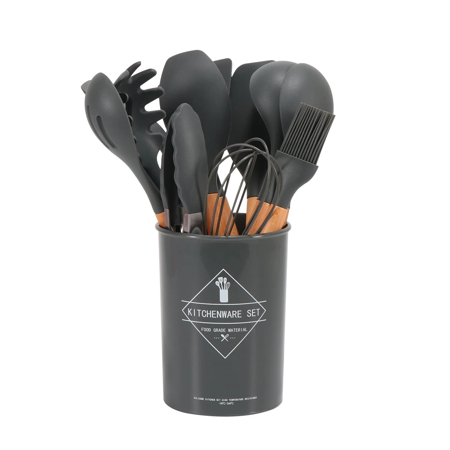 Grey 11pc Silicone Cooking Utensil Set Wooden Handles