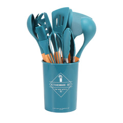 11pc Silicone Cooking Utensil Set Wooden Handles